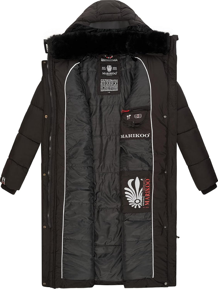 MARIKOO Damen Wintermantel Warmer Steppmantel lang mit Abnehmbarer Kapuze Reliziaa XS-3XL XL Schwarz