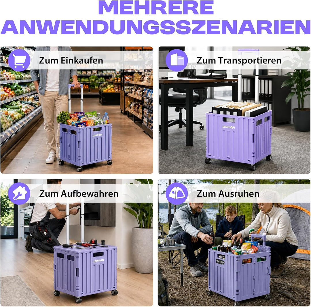 LDHTHOPI Einkaufstrolley klappbar, Violett, 65L, MAX 50KG | Teleskopgriff, 4 zerlegbare drehbare Räd