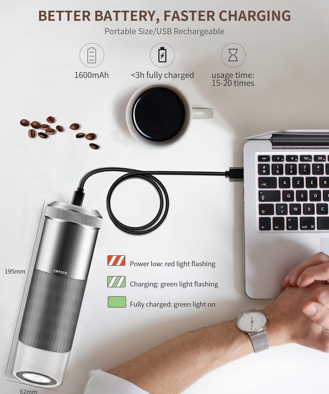 Kaffeemuehle Elektrische Espresso Muehle Klein: COTGCO Tragbare Kaffeebohnen Mühle mit Edelstahl Keg