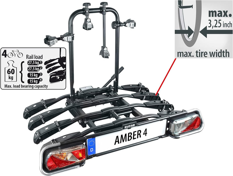 EUFAB 11556 Fahrradträger AMBER 4, E-Bike geeignet, teilweise vormontiert, Diebstahlschutz, für 4 Fa