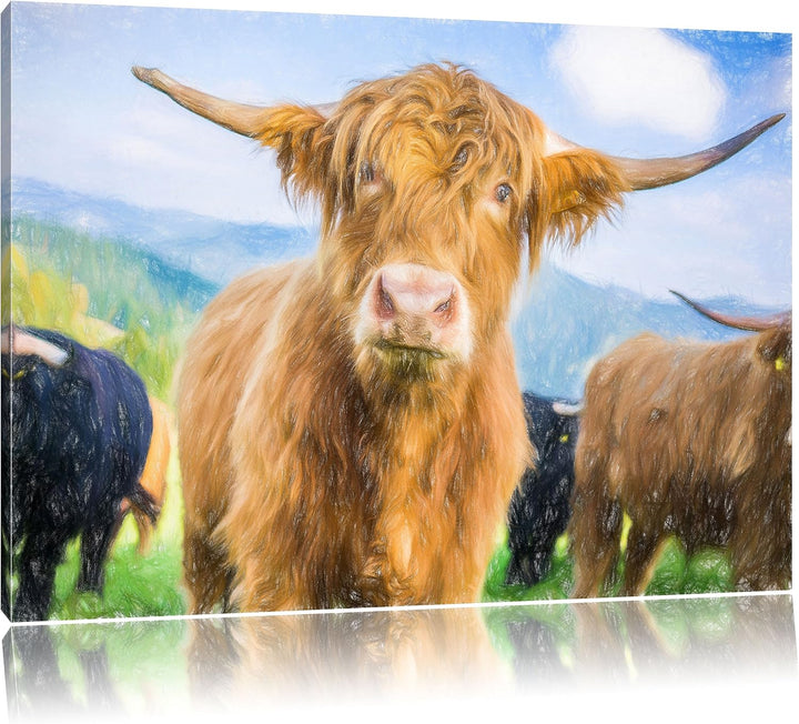 Pixxprint Blick Einer Kuh an der Weide / 100x70cm Leinwandbild bespannt auf Holzrahmen/Wandbild Kuns