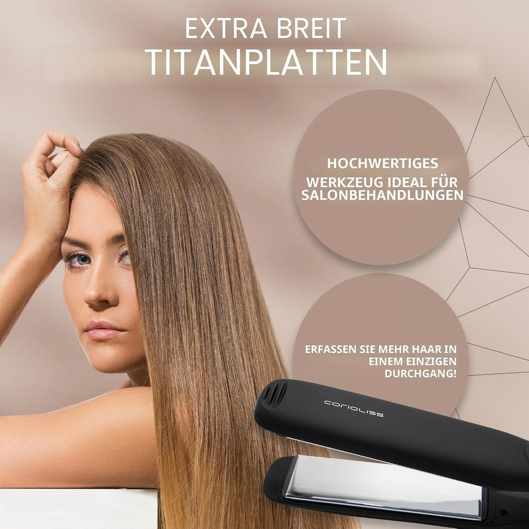 Corioliss | Glätteisen | Extra Breite Titanplatten Anti Frizz | Haarglätter Locken und Glätten | Pro