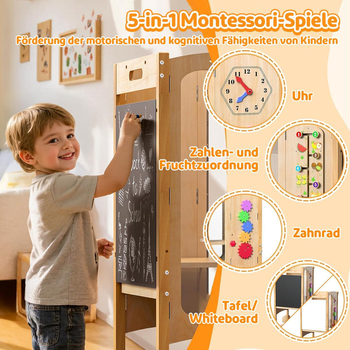 Lernturm Klappbar, 2 Fach Höhenverstellbar-Montessori Lernturm ab 1 Jahr aus Birke, Vormontiert/Plat