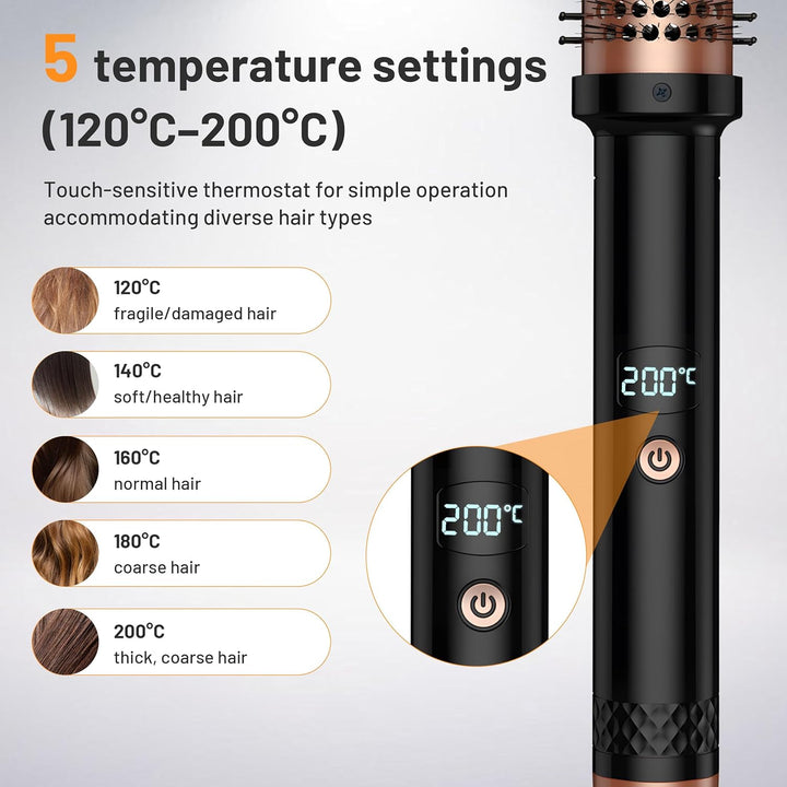 Thermobürste 3 in 1, 38mm Thermal Brush LCD 120-200℃ Dual PTC Heated Round Brush, Lockenbürste, Glät