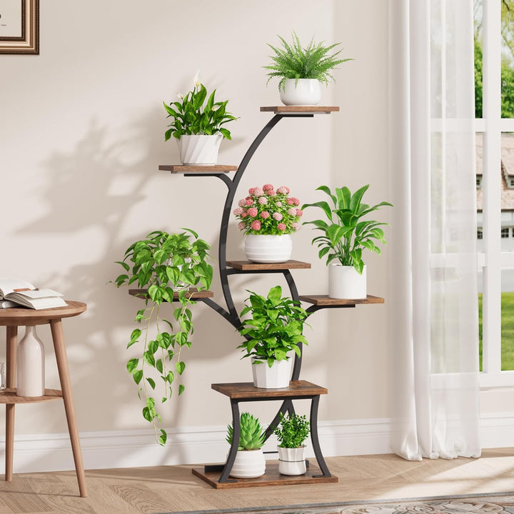 Pflanzenständer mit Wachstumslicht - 7 Ebenen Blumenständer 112cm Metall Holz Pflanzenregal - Innen