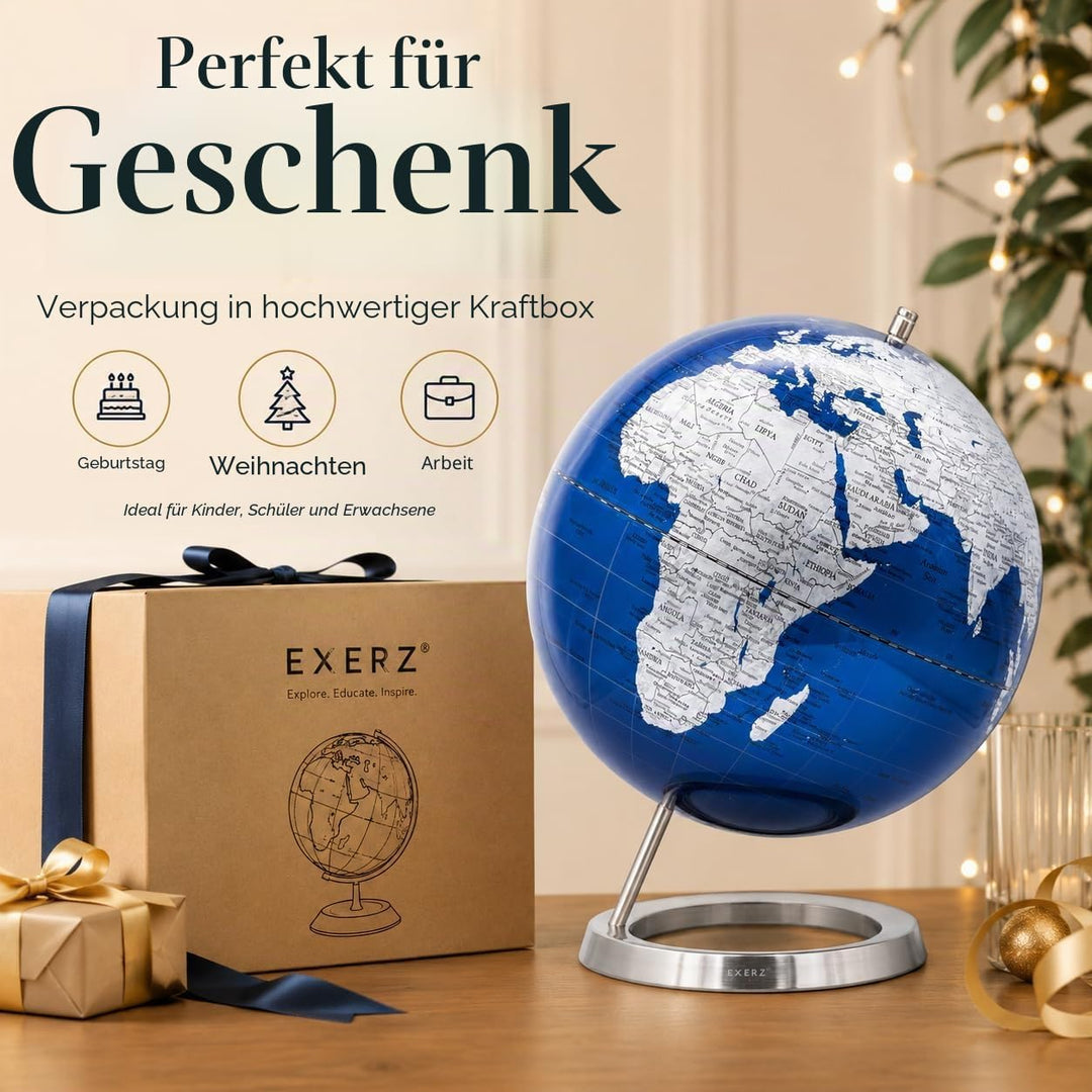 EXERZ Schülerglobus 25cm Globus Metallisches Blau mit einem Rostfreier Stahl in Englischer Sprache -