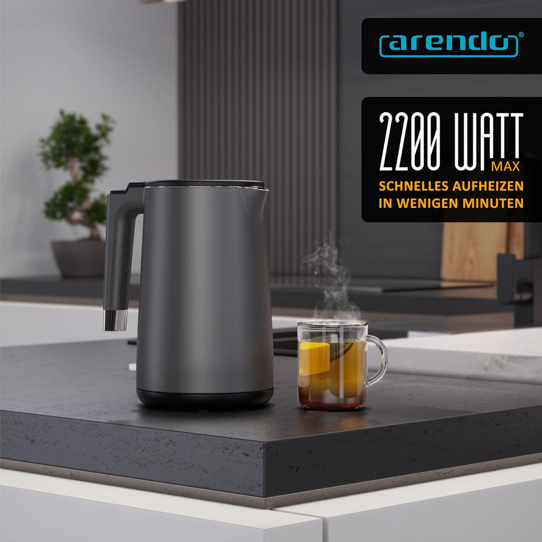 Arendo - Wasserkocher Edelstahl – 1,5 Liter - 2200 Watt – Doppelwand-Design – 360° Controller – BPA-