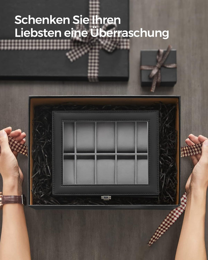 SONGMICS Uhrenbox mit 10 Fächern, Uhrenkasten mit Glasdeckel, Uhrenkoffer mit Herausnehmbaren Uhrenk