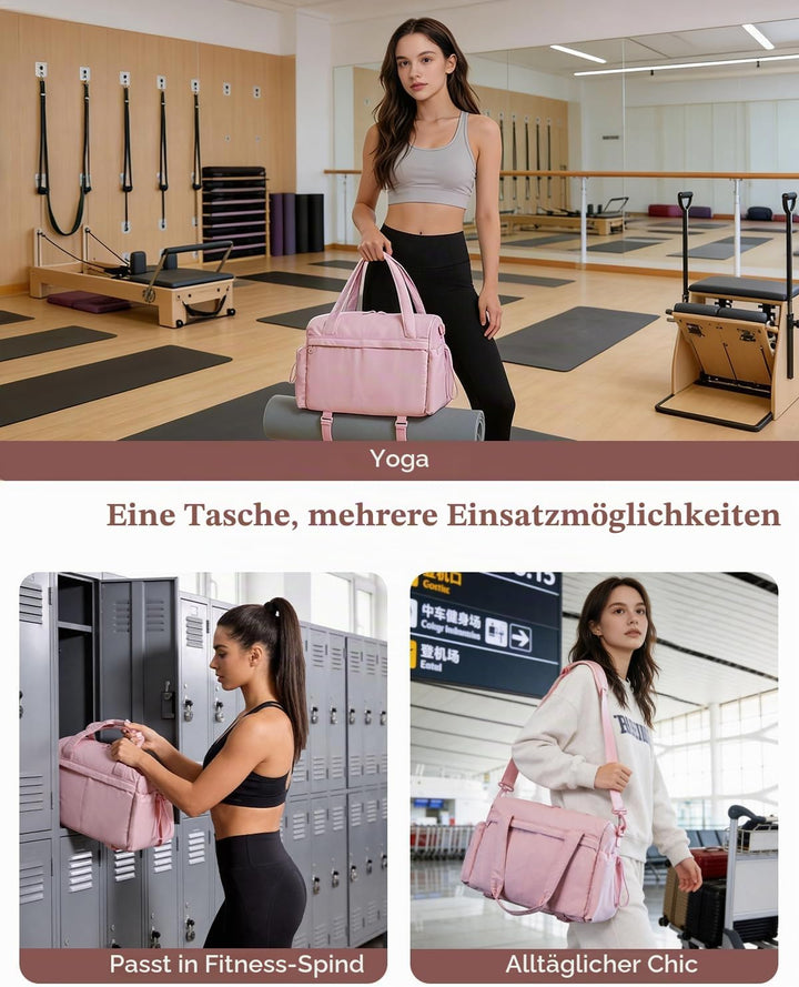 Sporttasche Damen Klein mit Nassfach Yogatasche für Matte, Rosa gesteppt | Yoga-Mattenhalter, verste