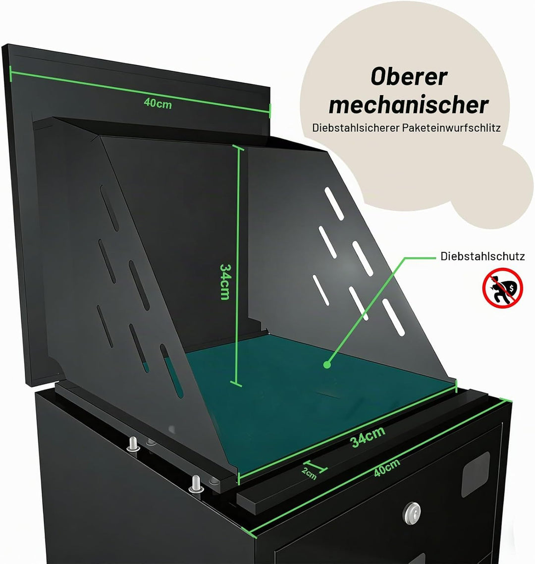 MOZIMOI Paketbox draussen gross XXL, getr. Fächer, Standfüsse 8‑20 cm variabel, schützt Pakete vor S