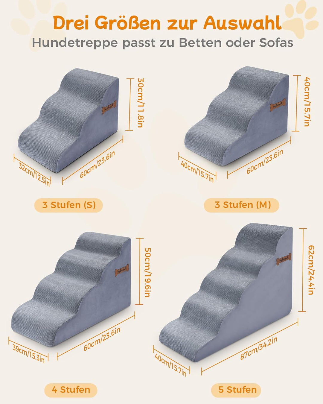 Hundetrepen, Hundestufen 5-stufige Hundefootstool 40x87x60CM für Sofa und hohes Bett, rutschfeste Ha