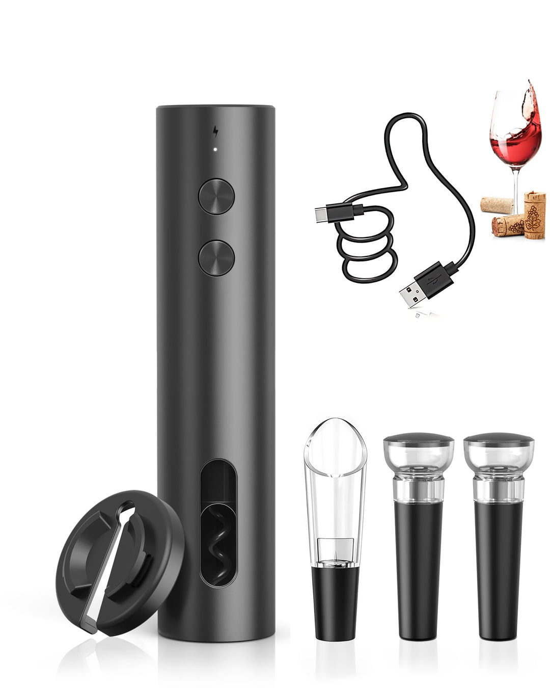 ZOYIDOUX Elektrischer Weinöffner Set Rechargeable – Elektrischer Korkenzieher USB-C mit 2 Vakuum-Wei
