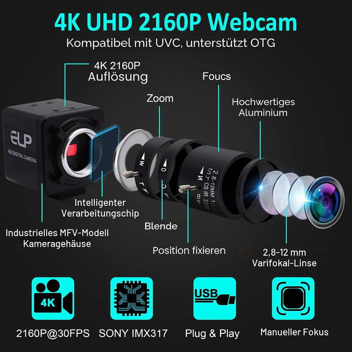 ELP 4K Optischem Zoom USB-Kamera,Ultra HD IMX317-Sensor-Webcam mit 2,8-12 mm Varifokalobjektiv,3840