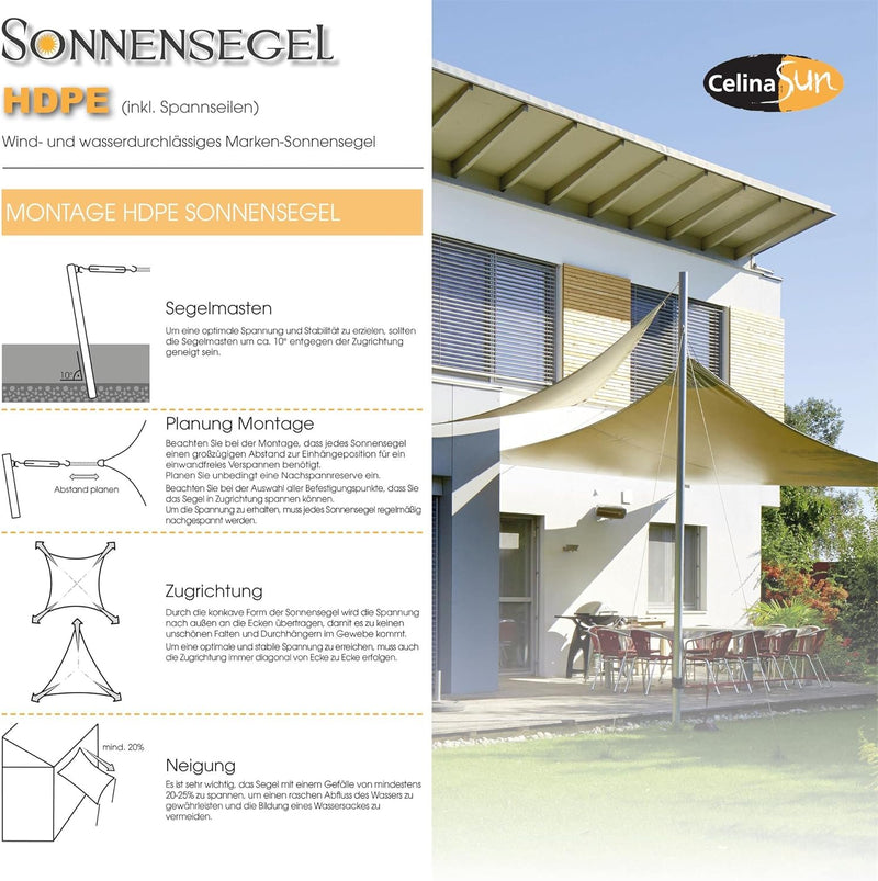 CelinaSun Sonnensegel inkl Befestigungsseile Premium HDPE wetterbeständig atmungsaktiv Dreieck recht