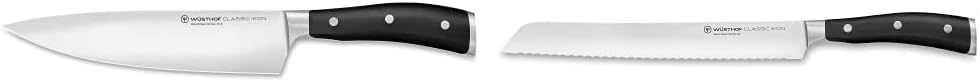 WÜSTHOF Classic Ikon Kochmesser 20 cm, Schwarz & Classic Ikon Brotmesser 23 cm Schwarz 20 cm Bundle