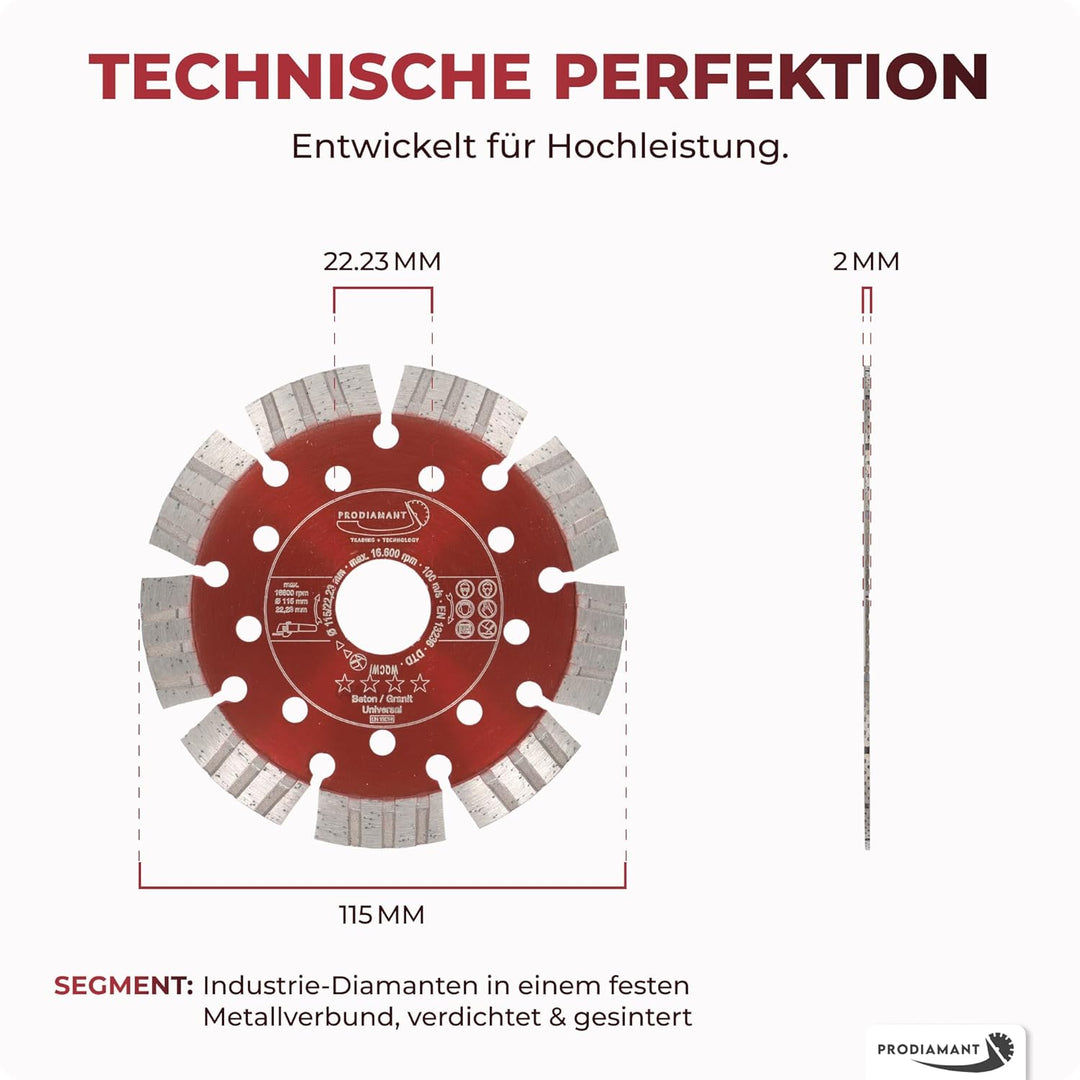 PRODIAMANT Turbo Diamant-Trennscheibe Beton 115mm x 22,23 mm Segmenthöhe 12mm 115/22,23mm, 115/22,23