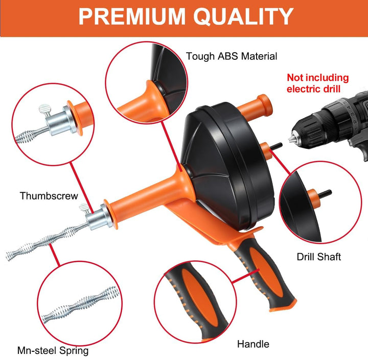 Breezz Abflussschnecke, Verstopfungsentferner mit Bohrer-Adapter, 7,6 m, robust, flexibel, zur Verwe