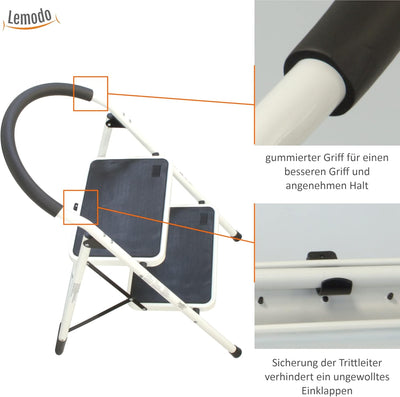 Stahl Klapptritt zusammenklappbar | 2 extra breite Stufen mit Anti-Rutsch-Matten | 84 cm Höhe | Trit