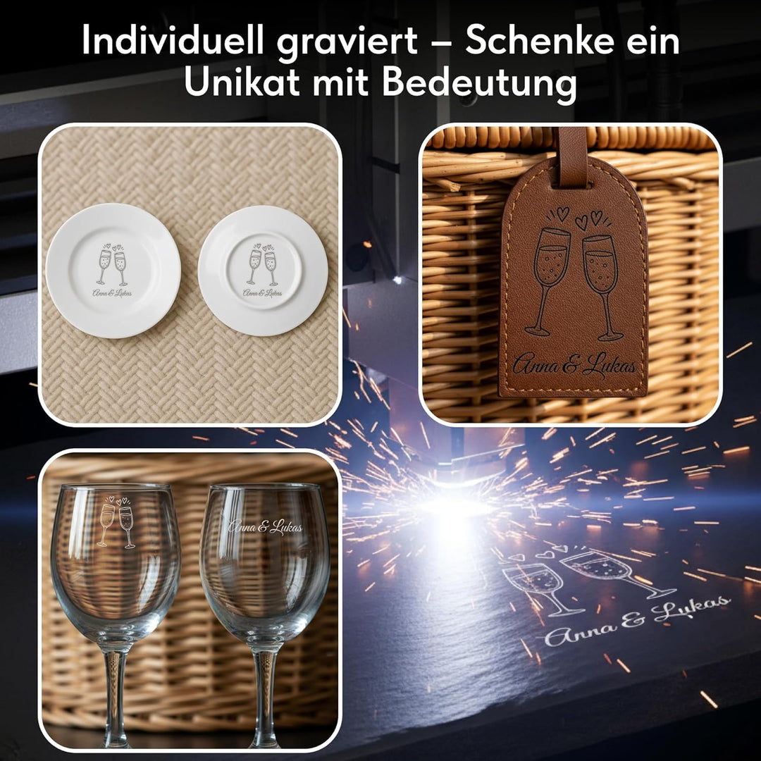 Personalisierter Picknickkorb für 2–4 Personen – Weide + Futterstoff (Rot/Blau/Grün) – Gravur auf Kö