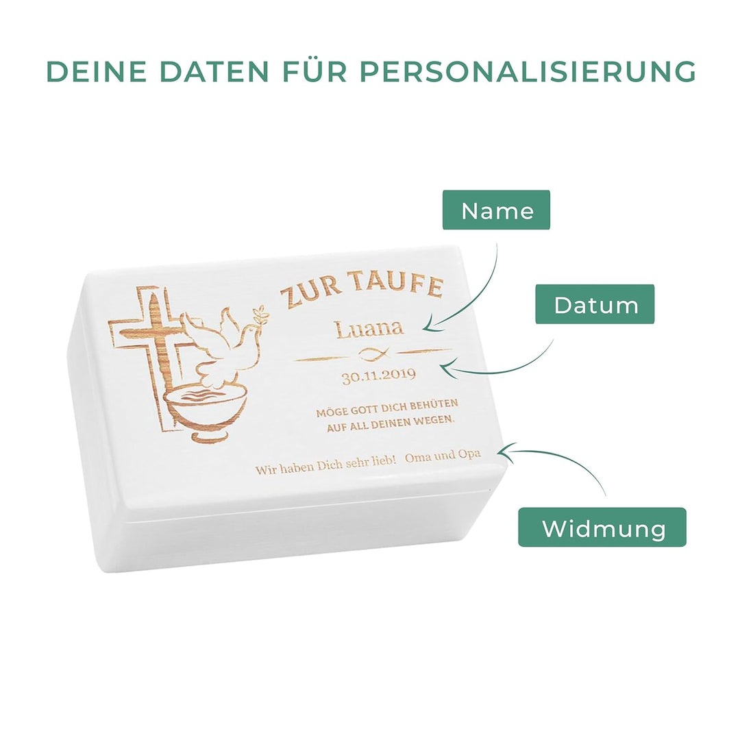 LAUBLUST Holzkiste mit Gravur - Personalisiert mit Name | Datum | WIDMUNG - Weiss, Grösse M - Friede