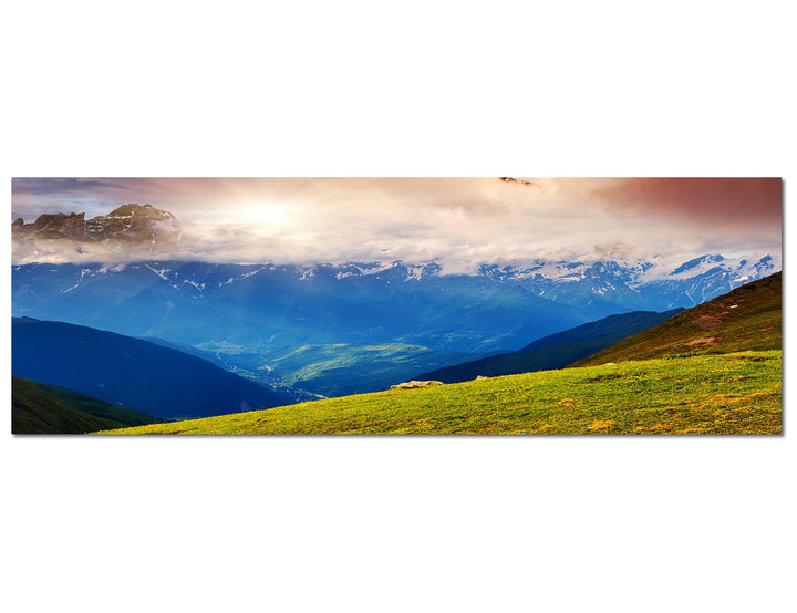 Paul Sinus Art Panoramabild auf Leinwand und Keilrahmen 120x40cm Georgien Kaukasus Berge Schnee Wolk