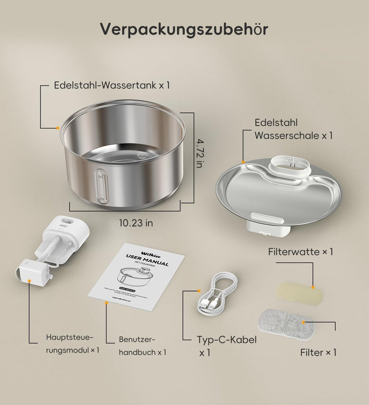 Katzenbrunnen Edelstahl Kabellos 5,5 L für Katzen (1 Filter) | 5000mAh Akku mit bewegungsmelder, lei