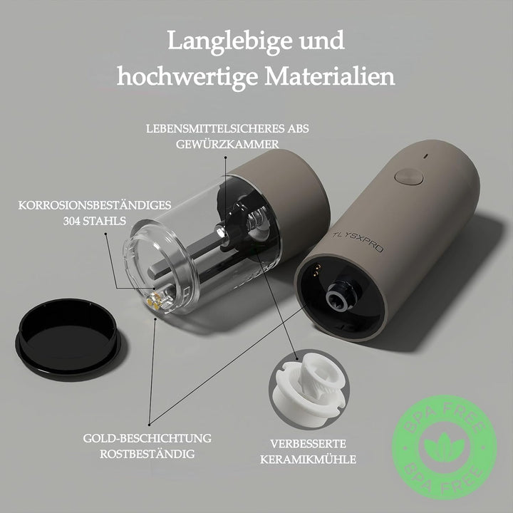 TLYSXPRO Salz und Pfeffermühle Elektrisch 2er Set, USB Wiederaufladbar, Einstellbarer Grobheit Gewür