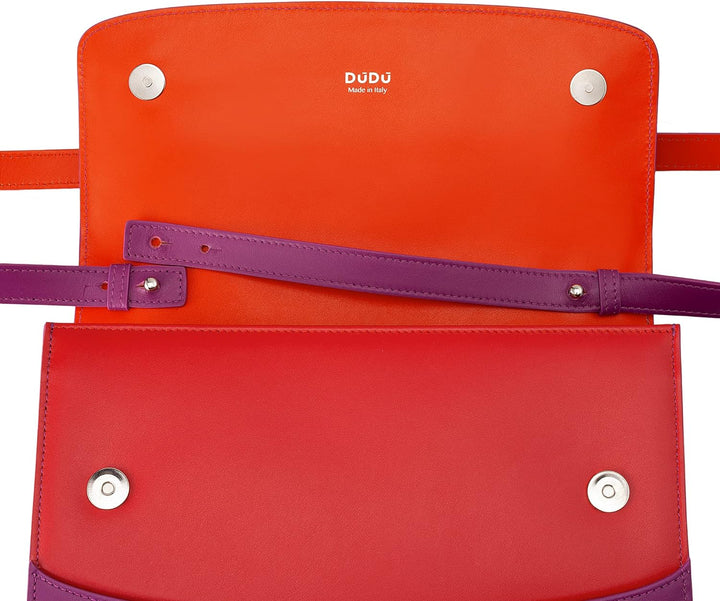 DUDU Damen-Lederumhängetasche, Made in Italy, Elegantes Design, Feste Handtasche mit Klappe und 3 Fä