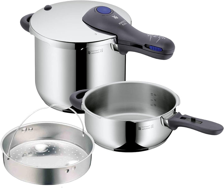WMF Perfect Plus Schnellkochtopf Set Induktion 3-teilig, Dampfkochtopf 6,5l + 3l mit Einsatz-Set, Cr