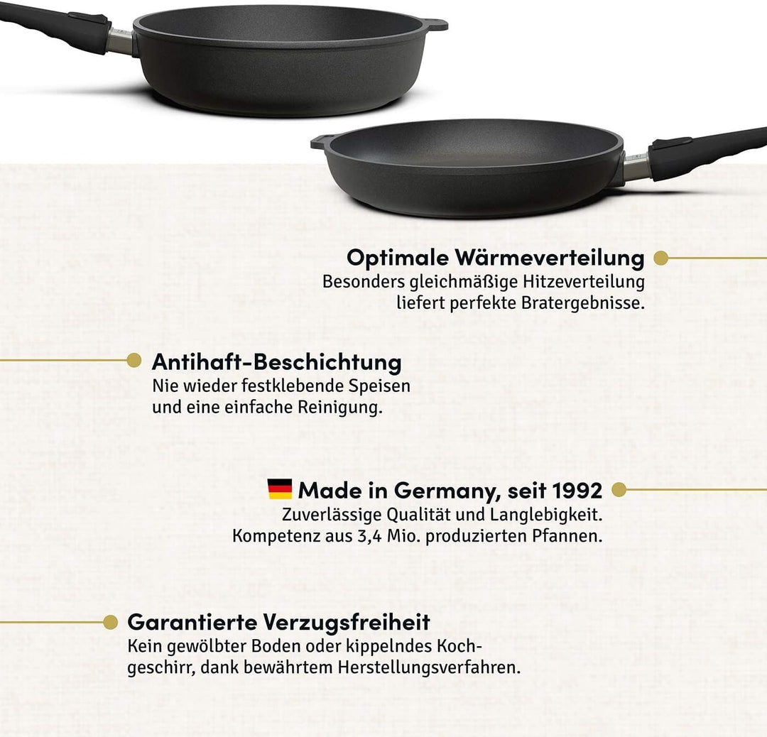 Hoffmann Aluguss Pfannenset mit Glasdeckel und abnehmbaren Griff, 4-teilig I Für alle Herdarten auch