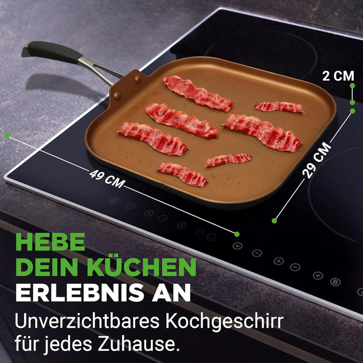 NutriChef Kupfer Bratpfanne Induktion – 28 cm, Antihaft, Viereckig Gesundes Kochen ohne Beschichtung