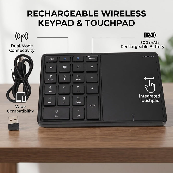 Haofy Numerisches Keypad 21 Tasten mit Touchpad, 500-mAh, Bluetooth & 2,4G, Plug-and-Play für, macOS
