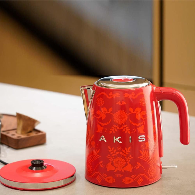 AKIS La Fête Design Toaster und Wasserkocher Set aus Edelstahl in Rot Farbe mit Barock Muster, Toast