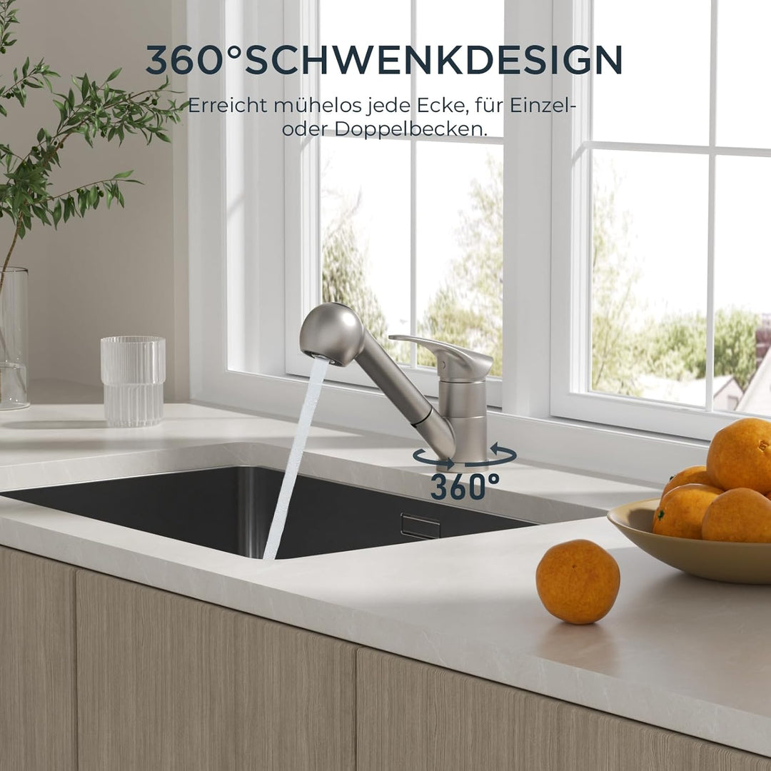 FORIOUS Wasserhahn Küche, Edelstahl Spültischarmatur mit Brause, Einhebelmischer Küchenarmatur, 360°
