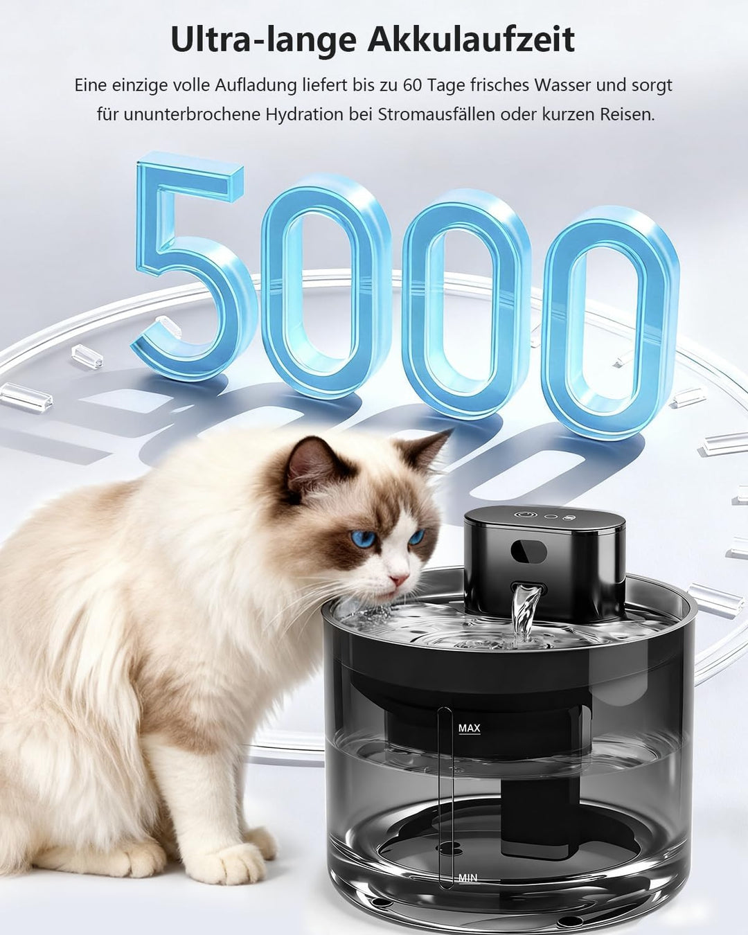 Upgrade 3.5L Katzenbrunnen Kabellos mit Bewegungsmelder, Trinkbrunnen für Katze, 5000mAh Batteriebet