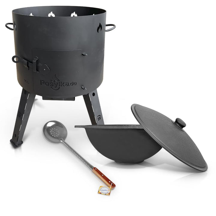 Utschak Feuerofen mit Gusseisen Topf flacher Boden mit Deckel 16 L Ø 44 cm Kazan Schaumlöffel für Pl