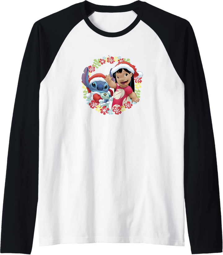 Disney Lilo & Stitch Christmas Flower Wreath Wave Raglan