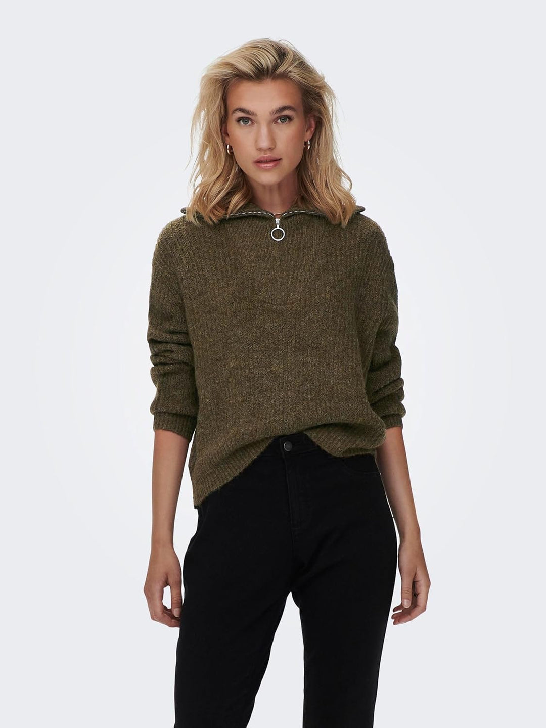 ONLY Damen Strickpullover mit Reissverschluss Stehkragen Knitted Sweater Half Zip Troyer ONLBAKER, C