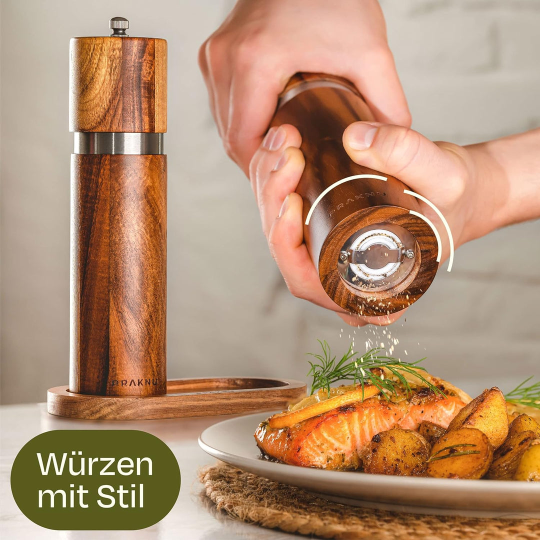 Salz und Pfeffermühle aus Akazienholz mit Untersetzer - Nachhaltiges FSC® Holz - Langlebiges Keramik