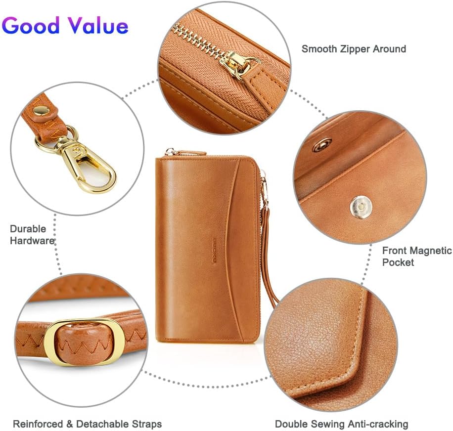 nuoku Geldbörse Damen, Portemonnaie PU Leder RFID Schutz Grosse Kapazität Brown, Brown