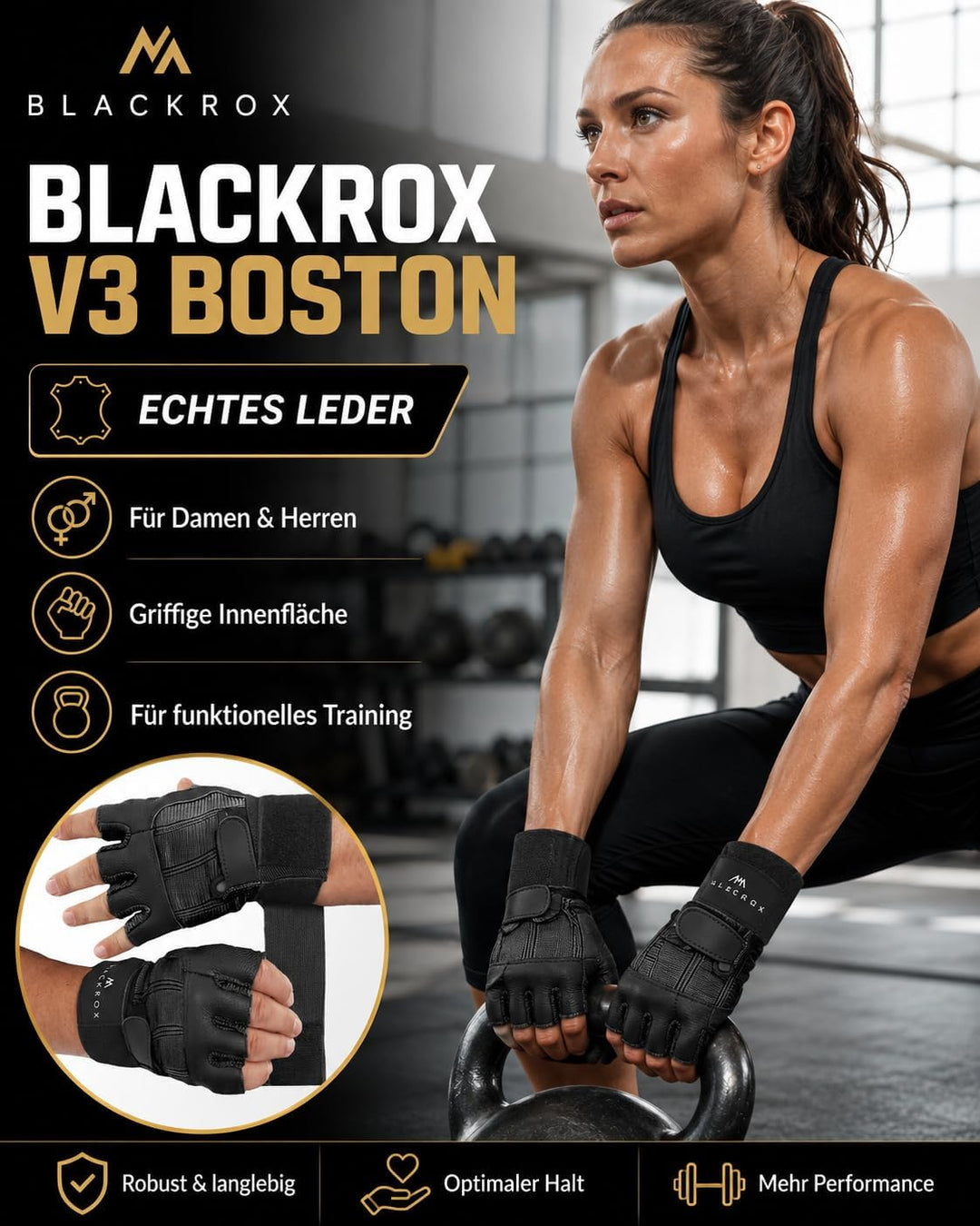 BLACKROX Fitnesshandschuhe echtes Leder Herren &amp; Damen V3 Boston Kraftsport Handgelenkschutz Trainin