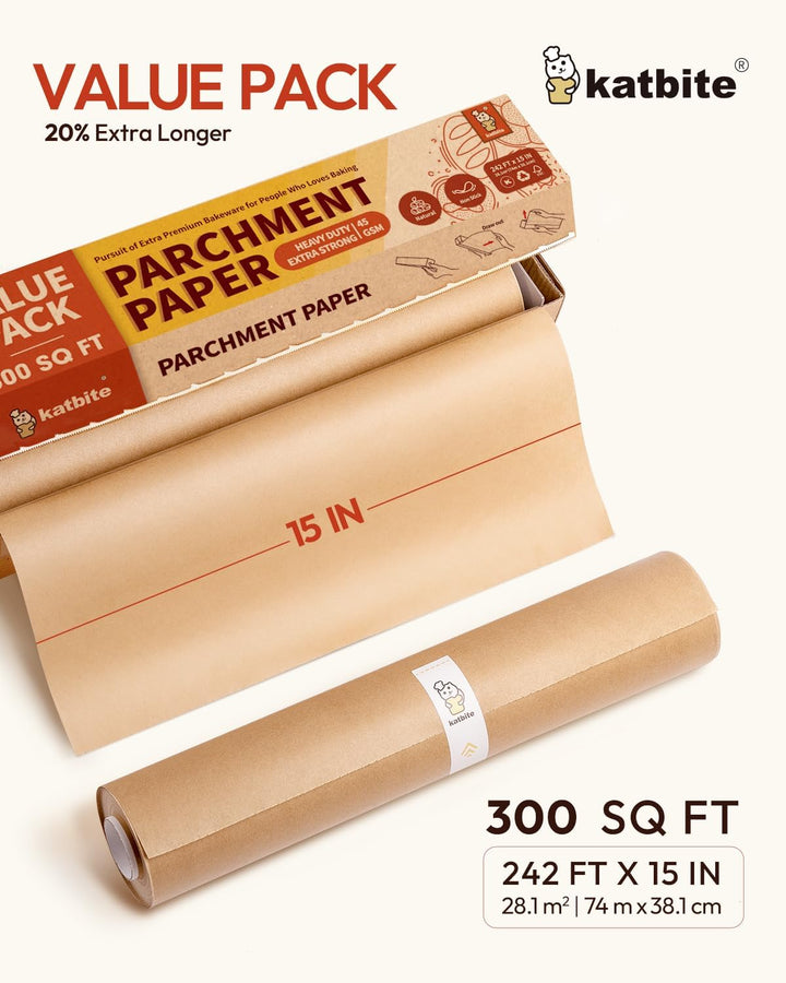 Katbite Ungebleichte Pergamentpapierrolle, 38,1 cm x 73,8 m, 300 m², antihaftbeschichtet, mit Wellen