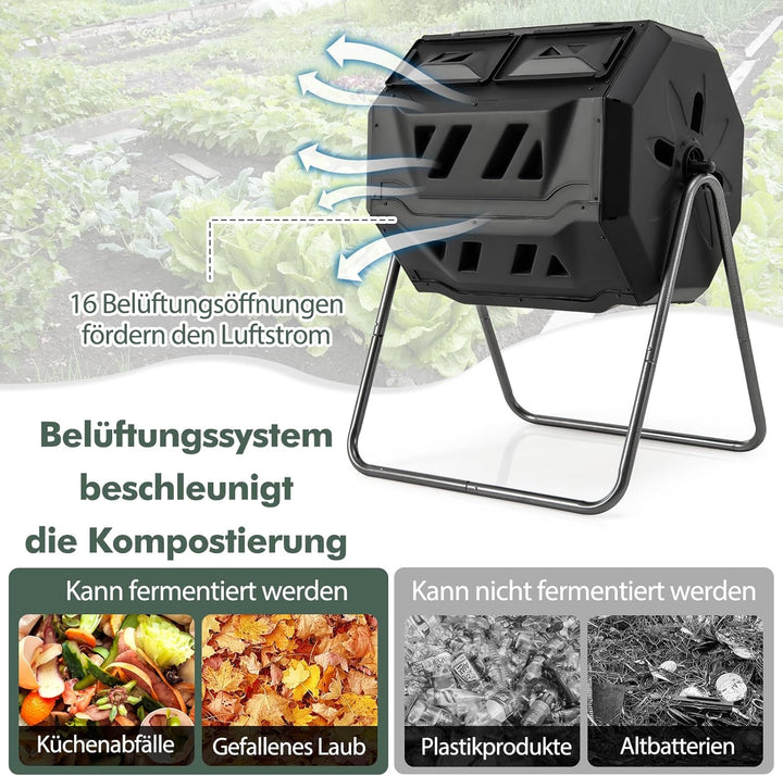 RELAX4LIFE 160L Komposter Garten, Schnellkomposter mit 2 Kammern, 16 Lüftungsschlitzen & Schiebetüre