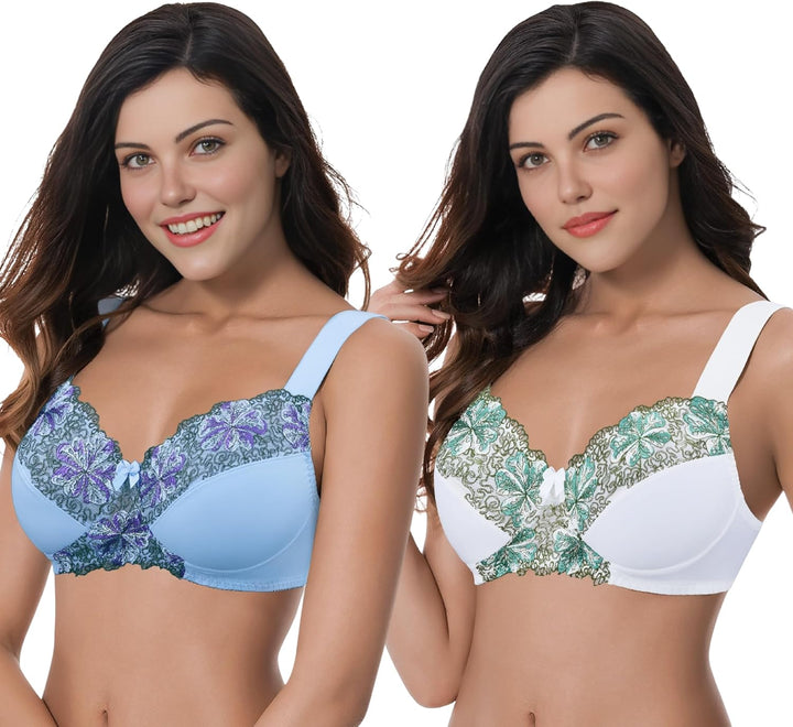 Curve Muse Damen Übergrösse Minimizer Kabellos Ungefütterter BH mit Stickspitze-2er Pack 75D Butterm