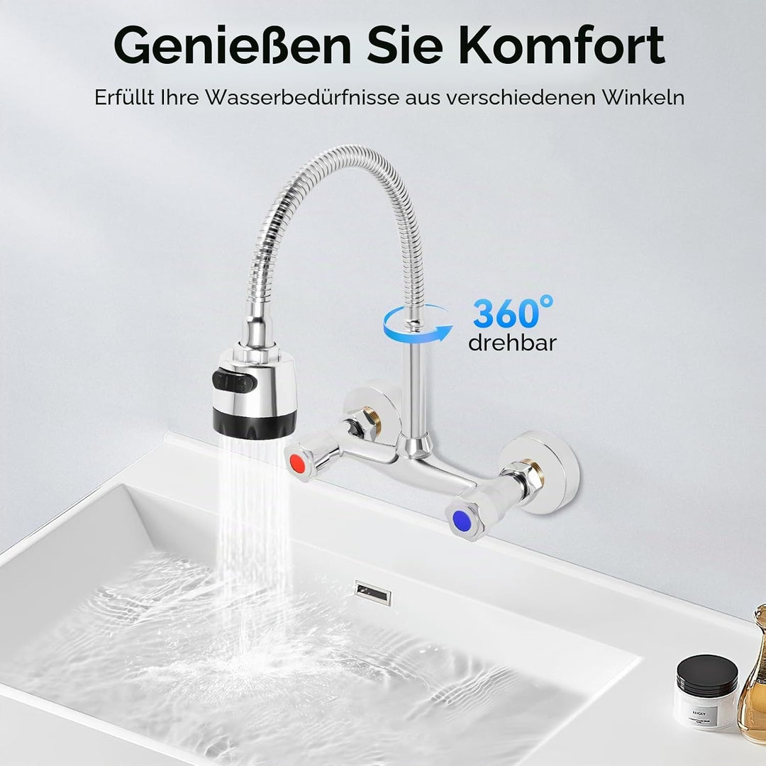 Küche Armatur Wasserhahn Wandmontage 360° Drehbar Mischbatterien Armatur Wandarmatur Spültischarmatu