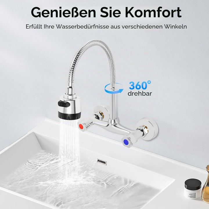 Küche Armatur Wasserhahn Wandmontage 360° Drehbar Mischbatterien Armatur Wandarmatur Spültischarmatu
