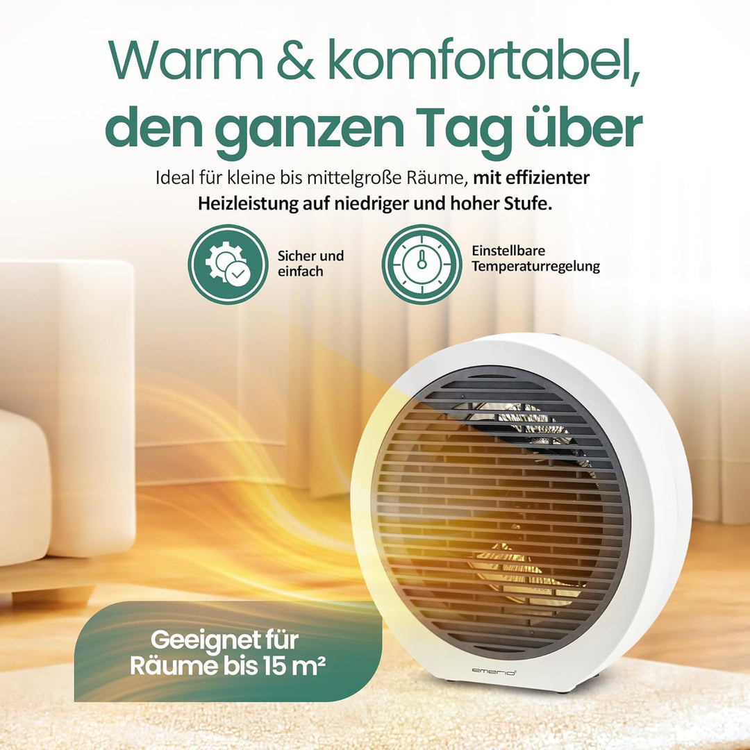 EMERIO Heizlüfter | für Räume bis 20 m² | 2000W | 2 Heizstufen | Einstellbarer Thermostat | Ventilat