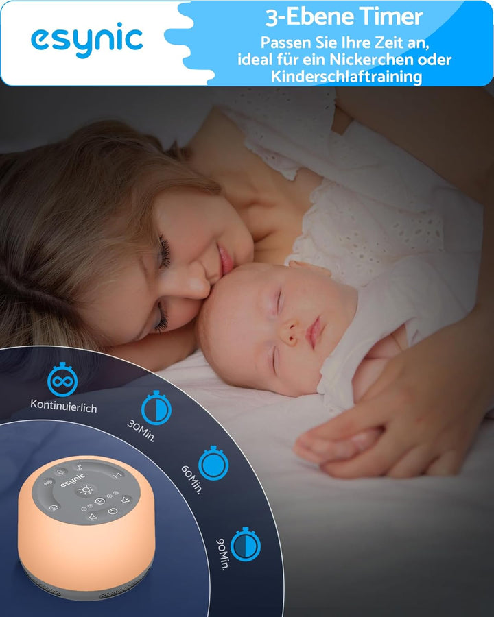 eSynic White Noise Machine Baby Weisses Rauschen Einschlafhilfe LED Nachtlicht Stilllicht mit 30 Klä