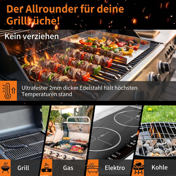Edelstahl-Grillplatte – Dick &amp; Rostfrei, inkl. 2 Grillspachteln &amp; 5 Spiessen – Für die meisten Gas-