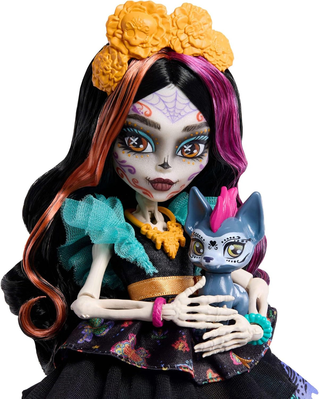 Monster High-Puppe Skelita Calaveras in farbenfrohem Papel-Picado-Kleid mit Hündchen Candelita und 7